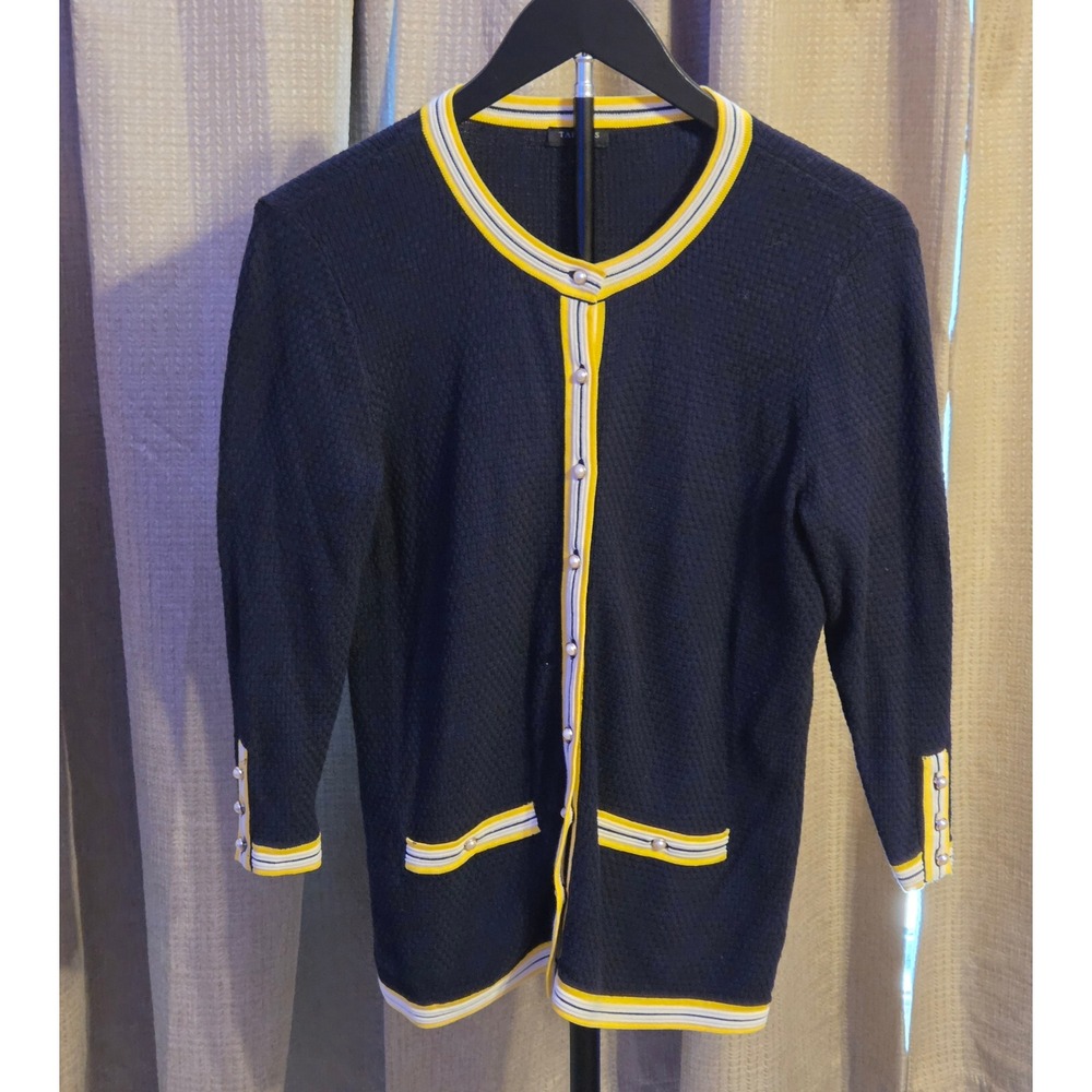 Talbots Petites‎ Knit Button Up Cardigan Women's Size P (XS) Navy Yellow White